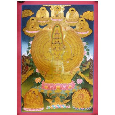 Buddhist Hand-Painted Thangka – Sahasrabhuja Avalokitesvara with Pancha Buddha, Manjushree, and Vajrapani (Real Gold)