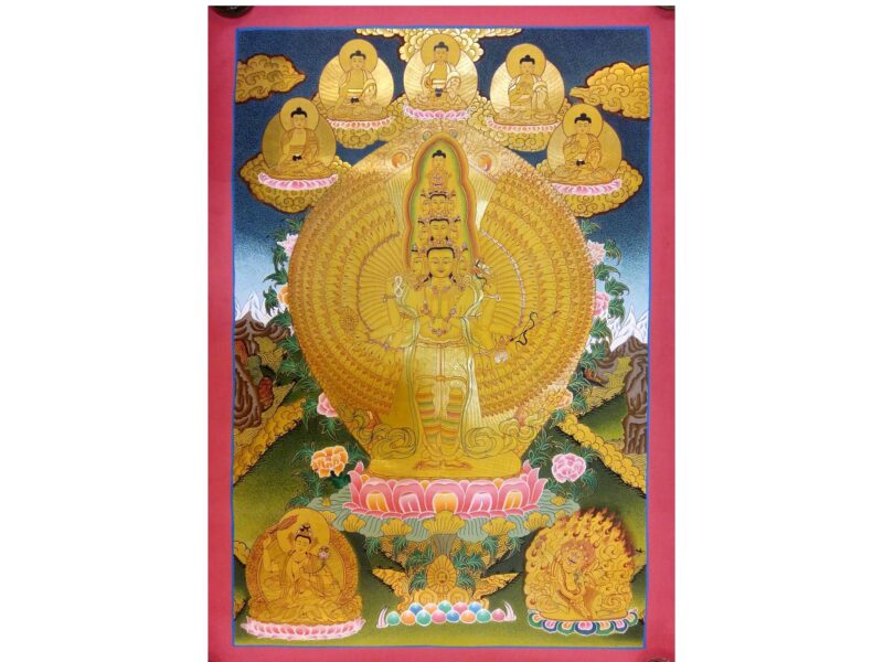 Buddhist Hand-Painted Thangka – Sahasrabhuja Avalokitesvara with Pancha Buddha, Manjushree, and Vajrapani (Real Gold)