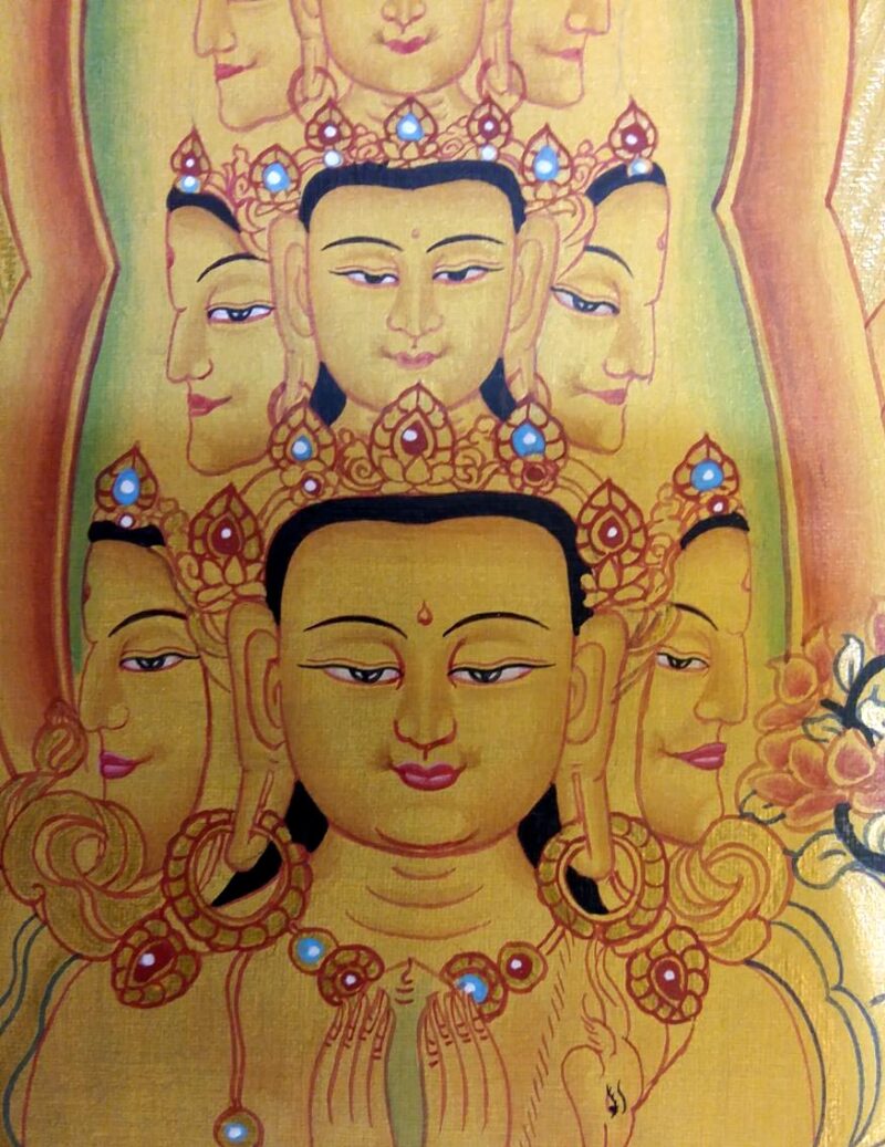 Buddhist Hand-Painted Thangka – Sahasrabhuja Avalokitesvara with Pancha Buddha, Manjushree, and Vajrapani (Real Gold) - Image 3