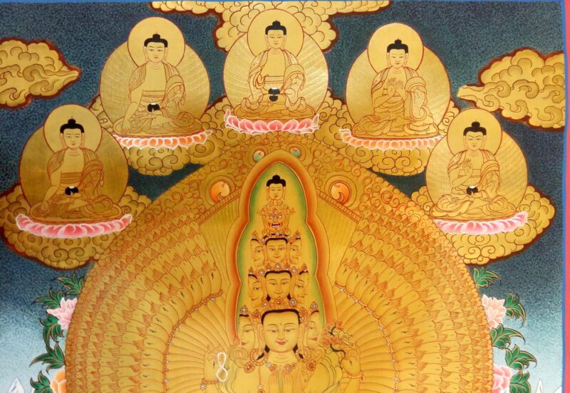 Buddhist Hand-Painted Thangka – Sahasrabhuja Avalokitesvara with Pancha Buddha, Manjushree, and Vajrapani (Real Gold) - Image 5