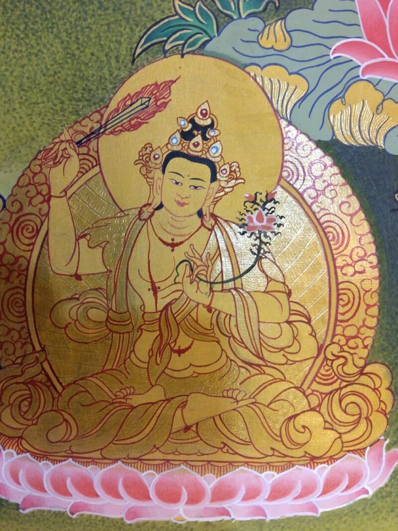Buddhist Hand-Painted Thangka – Sahasrabhuja Avalokitesvara with Pancha Buddha, Manjushree, and Vajrapani (Real Gold) - Image 4