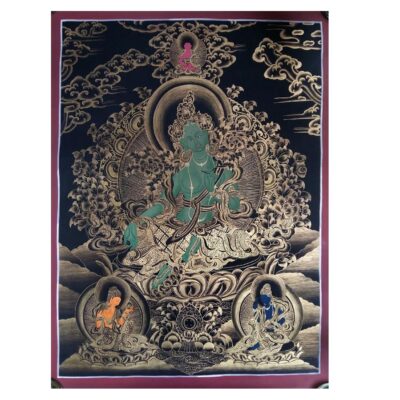 Buddhist Hand-Painted Green Tara Thangka with Amitabha Buddha (Handmade Canvas)