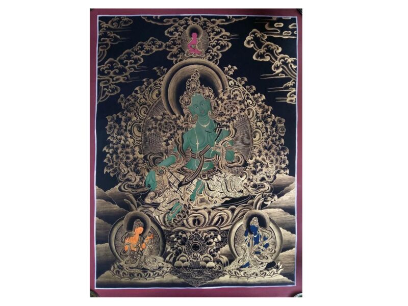 Buddhist Hand-Painted Green Tara Thangka with Amitabha Buddha (Handmade Canvas)