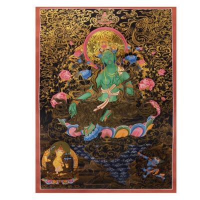 Buddhist Hand-Painted Thangka of Green Tara with Manjushri and Vajrapani