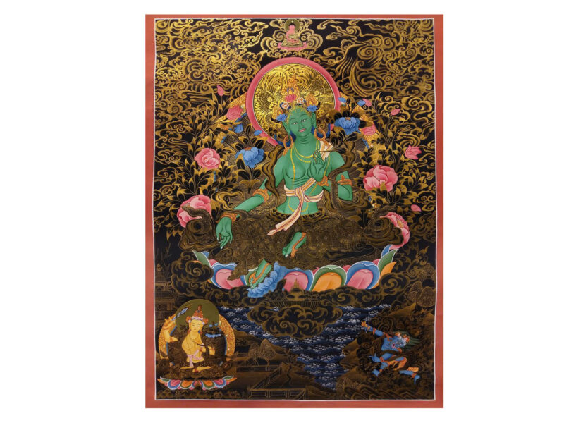Buddhist Hand-Painted Thangka of Green Tara with Manjushri and Vajrapani