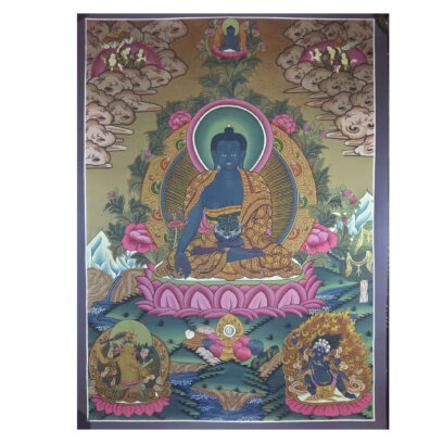 Tibetan Thangka: Medicine Buddha with Manjushri and Vajrapani