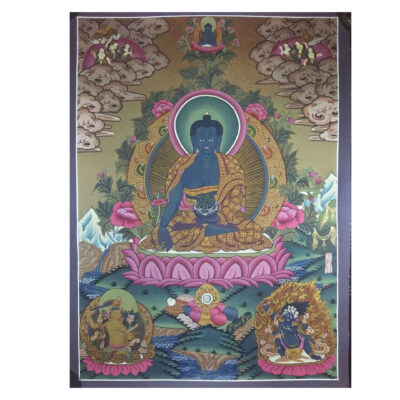 Tibetan Thangka: Medicine Buddha with Manjushri and Vajrapani