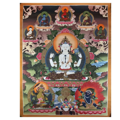 Tibetan Thangka Chenrezig with Pancha Buddha, Manjushri, and Vajrapani (Real Gold)