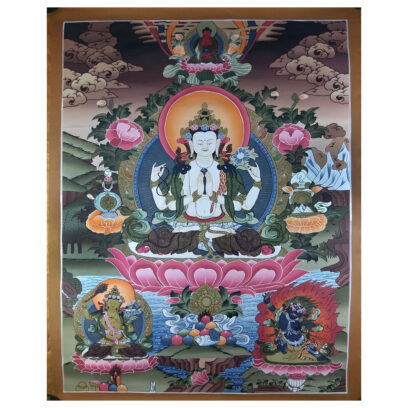 Tibetan Thangka Chenrezig Avalokitesvara with Manjushri and Vajrapani (Real Gold)