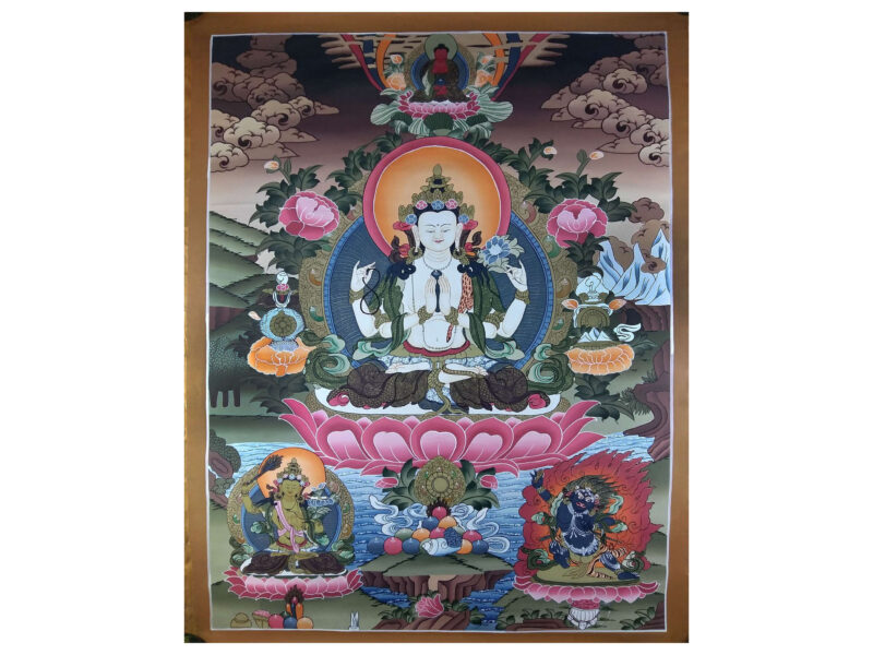 Tibetan Thangka Chenrezig Avalokitesvara with Manjushri and Vajrapani (Real Gold)