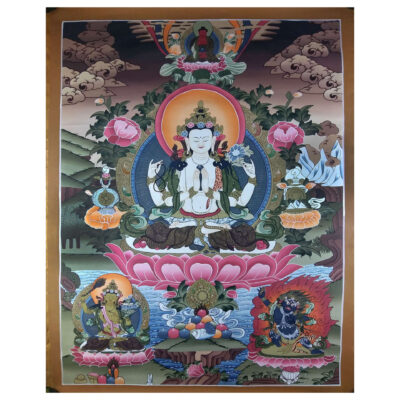 Tibetan Thangka Chenrezig Avalokitesvara with Manjushri and Vajrapani (Real Gold)