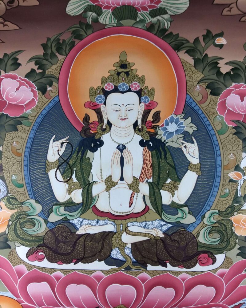 Tibetan Thangka Chenrezig Avalokitesvara with Manjushri and Vajrapani (Real Gold) - Image 2