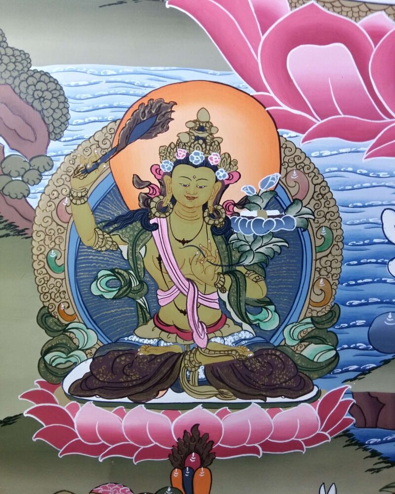 Tibetan Thangka Chenrezig Avalokitesvara with Manjushri and Vajrapani (Real Gold) - Image 4