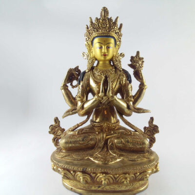 Chenrezig Statue - Full Fire Gold Plated, Painted Face