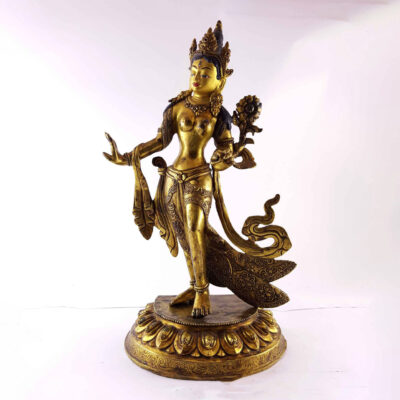 Statue of White Tara Dancing – Full Gold-Plated, Painted Face, Antique Finishing