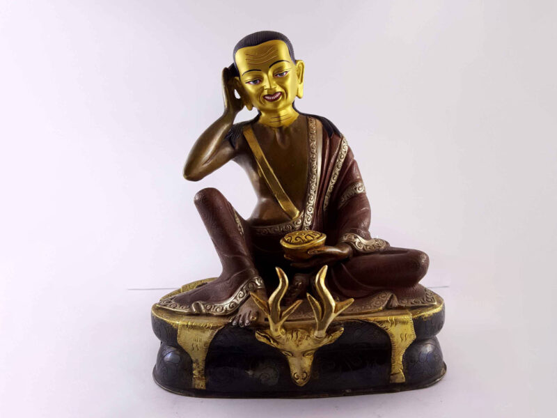 Copper Statue of Milarepa – Gold and Silver Plated, Painted Face, Double Color Oxidation
