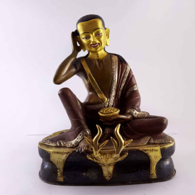 Copper Statue of Milarepa – Gold and Silver Plated, Painted Face, Double Color Oxidation