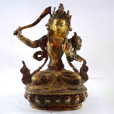 Handmade Statue of Manjushri – Partly Gold Plated, Painted Face, Antique Finishing