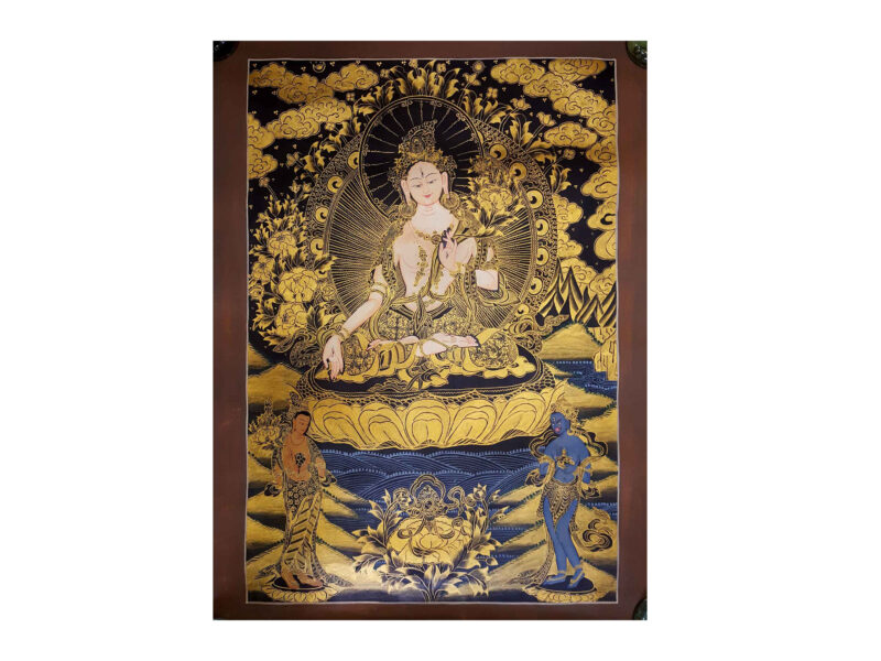 Buddhist Hand-Painted Thangka of White Tara – Smoked Antique Finishing