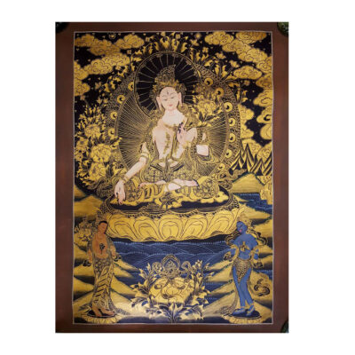 Buddhist Hand-Painted Thangka of White Tara – Smoked Antique Finishing