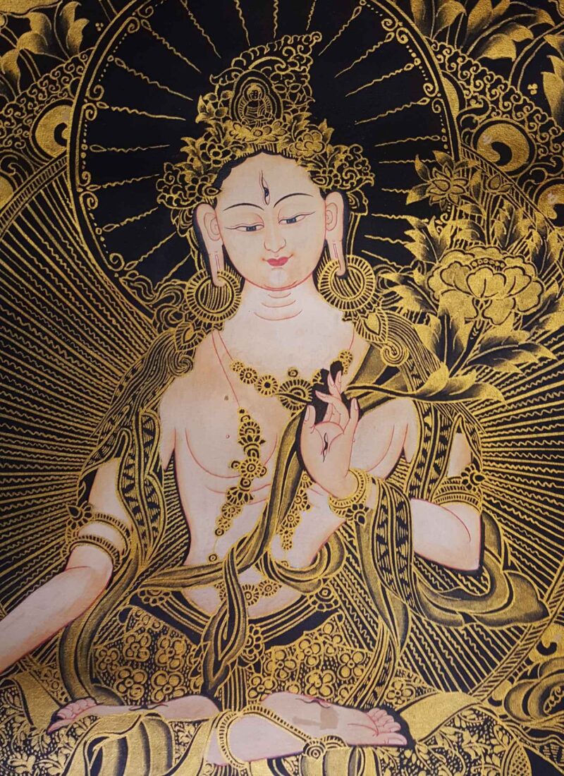 Buddhist Hand-Painted Thangka of White Tara – Smoked Antique Finishing - Image 3