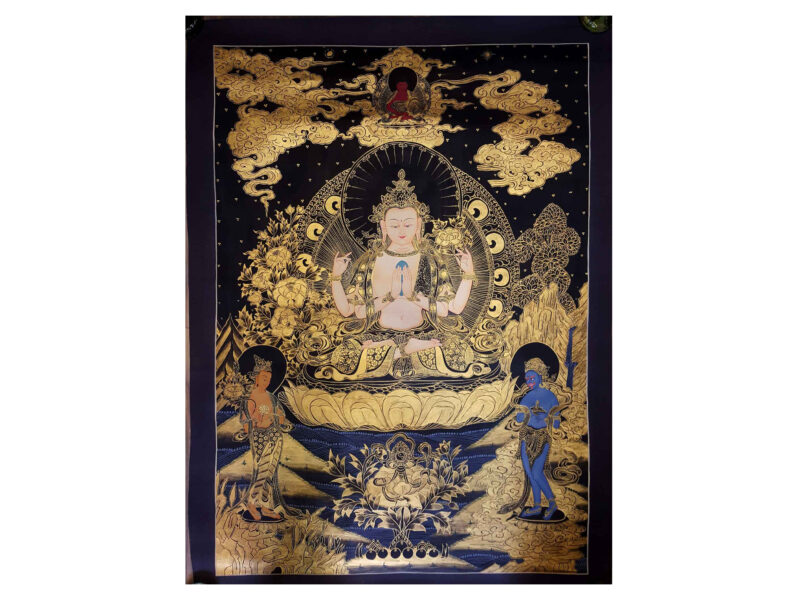 Avalokiteshvara (Chenrezig) Thangka Painting – Smoked Antique Finishing