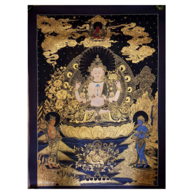 Avalokiteshvara (Chenrezig) Thangka Painting – Smoked Antique Finishing