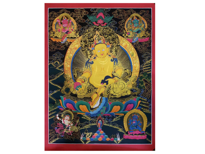 Buddhist Hand-Painted Thangka of Pancha Kuber (Five Jambhala), Tibetan Style