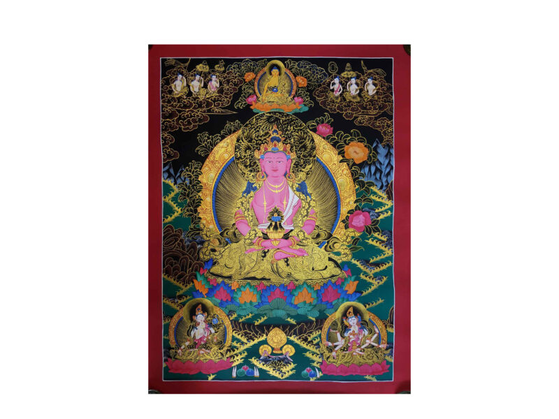 Buddhist Hand-Painted Thangka of Vajrasattva with Consort, Shakti, Shakyamuni Buddha, White Tara, and Namgyalma (Yab-Yum Tibetan Style)