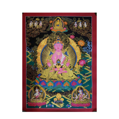 Buddhist Hand-Painted Thangka of Vajrasattva with Consort, Shakti, Shakyamuni Buddha, White Tara, and Namgyalma (Yab-Yum Tibetan Style)