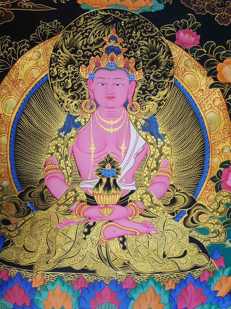 Buddhist Hand-Painted Thangka of Vajrasattva with Consort, Shakti, Shakyamuni Buddha, White Tara, and Namgyalma (Yab-Yum Tibetan Style) - Image 2