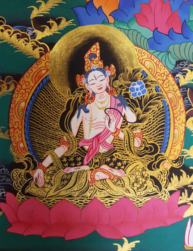 Buddhist Hand-Painted Thangka of Vajrasattva with Consort, Shakti, Shakyamuni Buddha, White Tara, and Namgyalma (Yab-Yum Tibetan Style) - Image 3