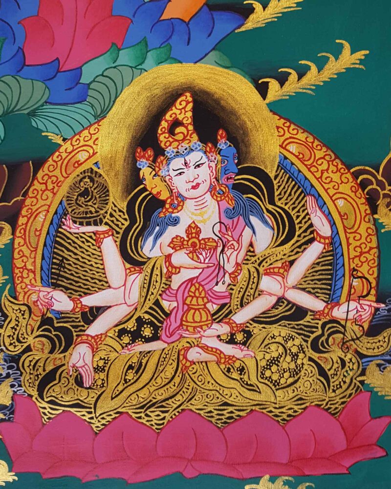 Buddhist Hand-Painted Thangka of Vajrasattva with Consort, Shakti, Shakyamuni Buddha, White Tara, and Namgyalma (Yab-Yum Tibetan Style) - Image 5
