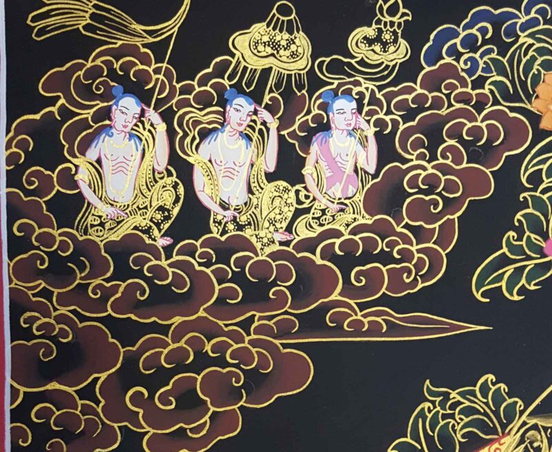 Buddhist Hand-Painted Thangka of Vajrasattva with Consort, Shakti, Shakyamuni Buddha, White Tara, and Namgyalma (Yab-Yum Tibetan Style) - Image 4