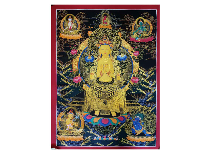 Buddhist Hand Painted Thangka of Maitreya Buddha, Surrounded by White Tara, Green Tara, Amitabha Buddha, Manjushri, and Vajrapani – Tibetan Style Painting