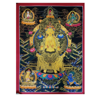Buddhist Hand Painted Thangka of Maitreya Buddha, Surrounded by White Tara, Green Tara, Amitabha Buddha, Manjushri, and Vajrapani – Tibetan Style Painting