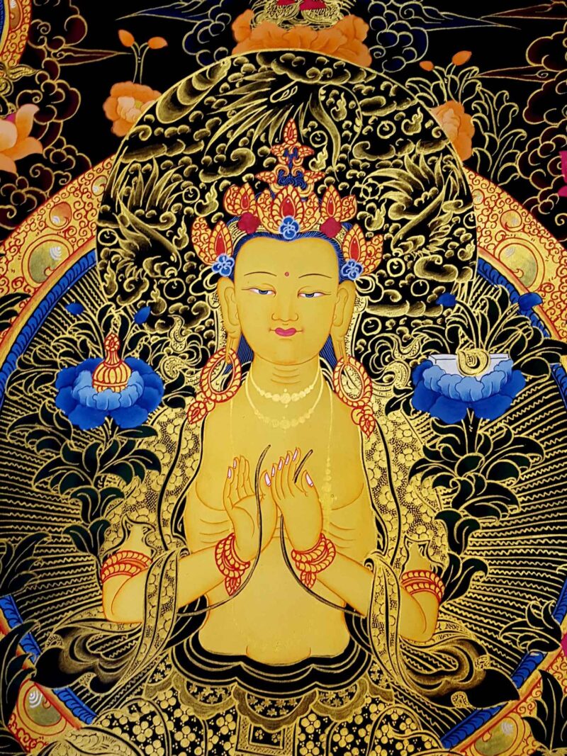 Buddhist Hand Painted Thangka of Maitreya Buddha, Surrounded by White Tara, Green Tara, Amitabha Buddha, Manjushri, and Vajrapani – Tibetan Style Painting - Image 2