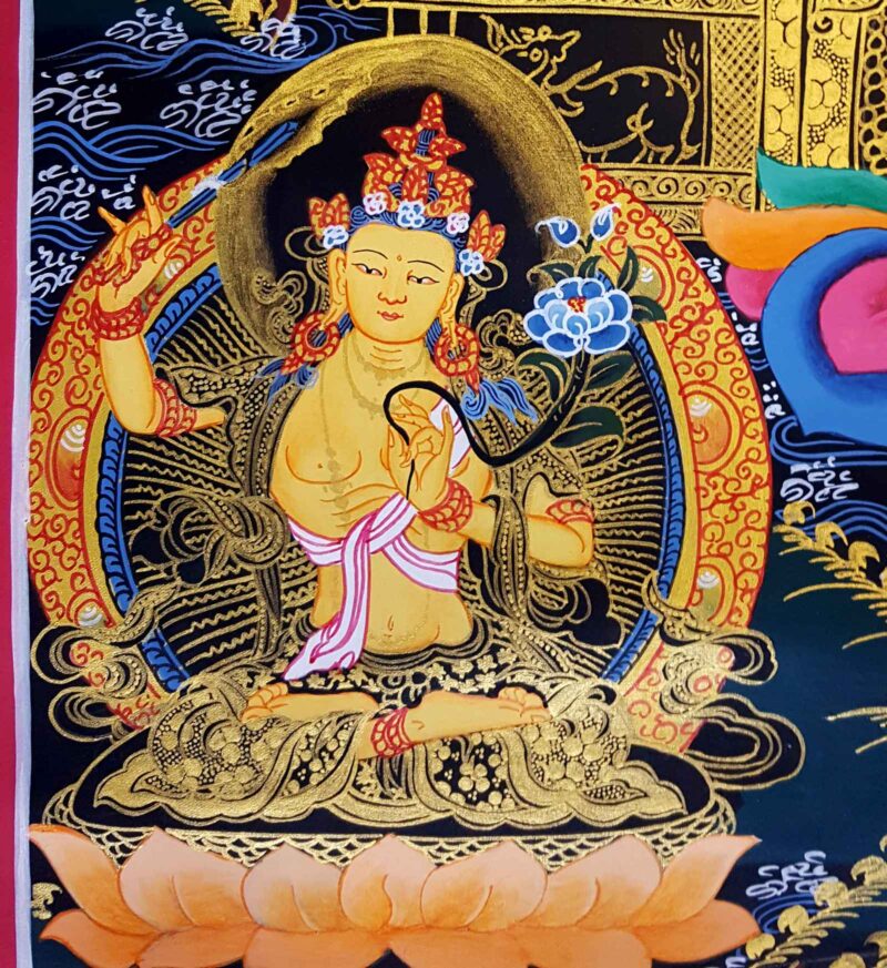Buddhist Hand Painted Thangka of Maitreya Buddha, Surrounded by White Tara, Green Tara, Amitabha Buddha, Manjushri, and Vajrapani – Tibetan Style Painting - Image 3
