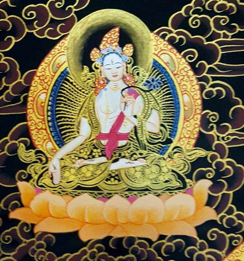 Buddhist Hand Painted Thangka of Maitreya Buddha, Surrounded by White Tara, Green Tara, Amitabha Buddha, Manjushri, and Vajrapani – Tibetan Style Painting - Image 6