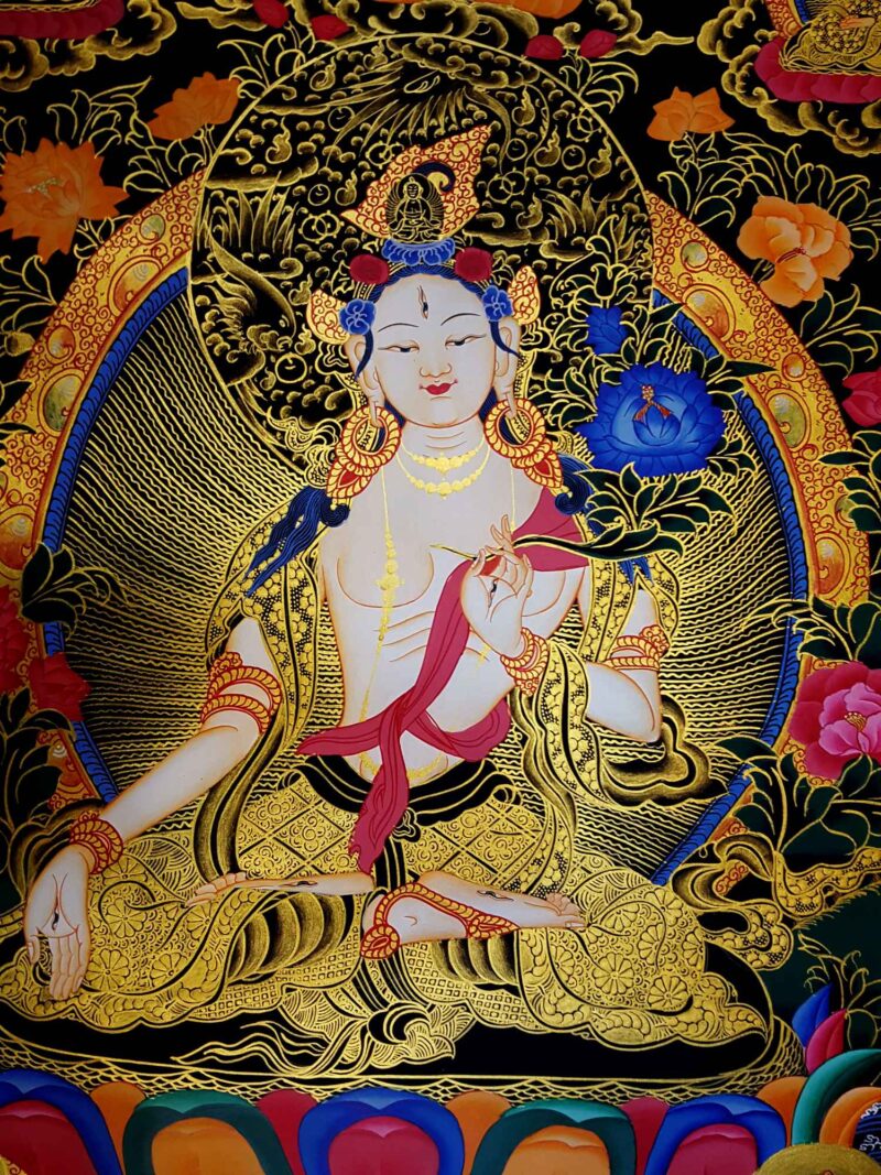Buddhist Hand Painted Thangka of White Tara – Tibetan Style Painting - Image 6