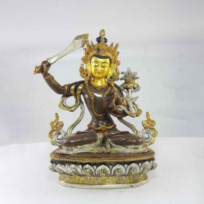 Manjushri Statue – Gold & Silver Plated with Painted Face and Oxidized Finish