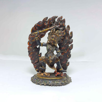 Copper Black Manjushri Statue with Thanka Colors and Antique Finishing