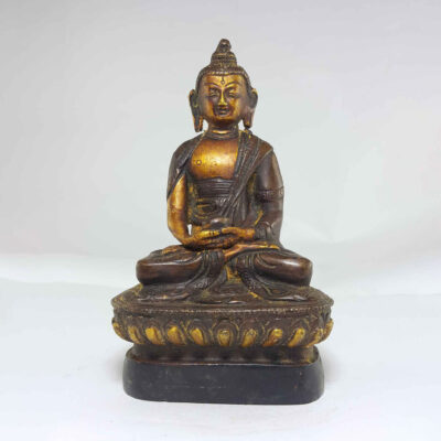 Copper Amitabha Buddha with Wooden Base and Antique Finishing