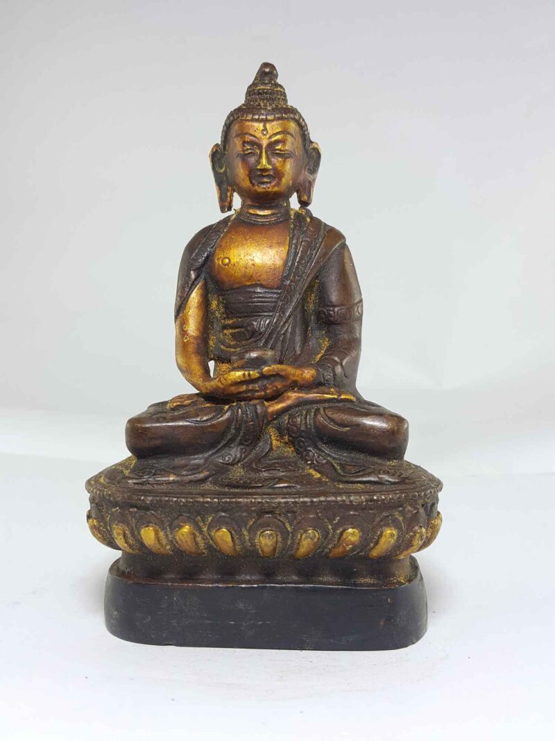 Copper Shakyamuni Buddha with Wooden Base and Antique Finishing - Image 2