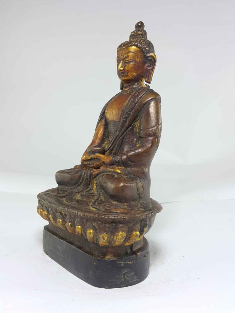 Copper Shakyamuni Buddha with Wooden Base and Antique Finishing - Image 3