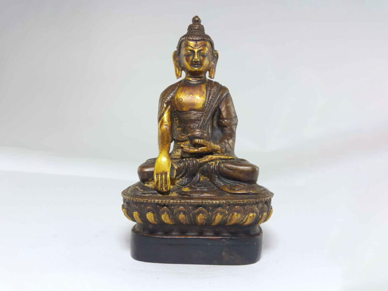 Copper Shakyamuni Buddha with Wooden Base and Antique Finishing
