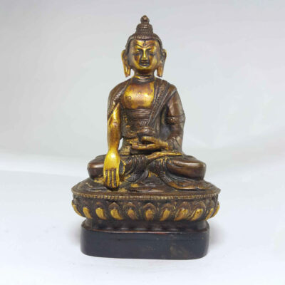 Copper Shakyamuni Buddha with Wooden Base and Antique Finishing