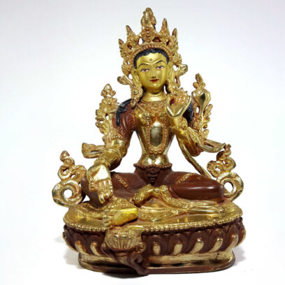 Buddhist Statue of Green Tara - Partly Fire Gold Plated, Painted Face, Good Quality