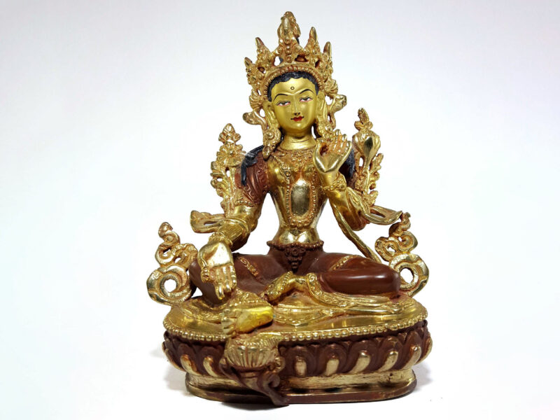 Buddhist Statue of Green Tara - Partly Fire Gold Plated, Painted Face, Good Quality