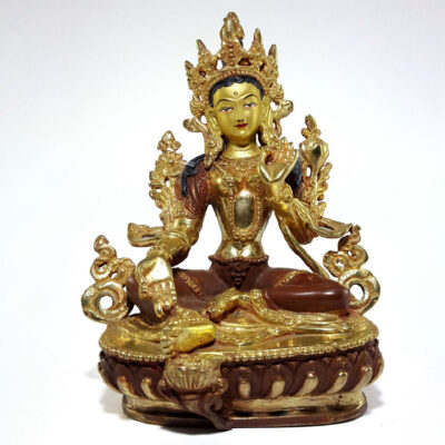 Buddhist Statue of Green Tara - Partly Fire Gold Plated, Painted Face, Good Quality